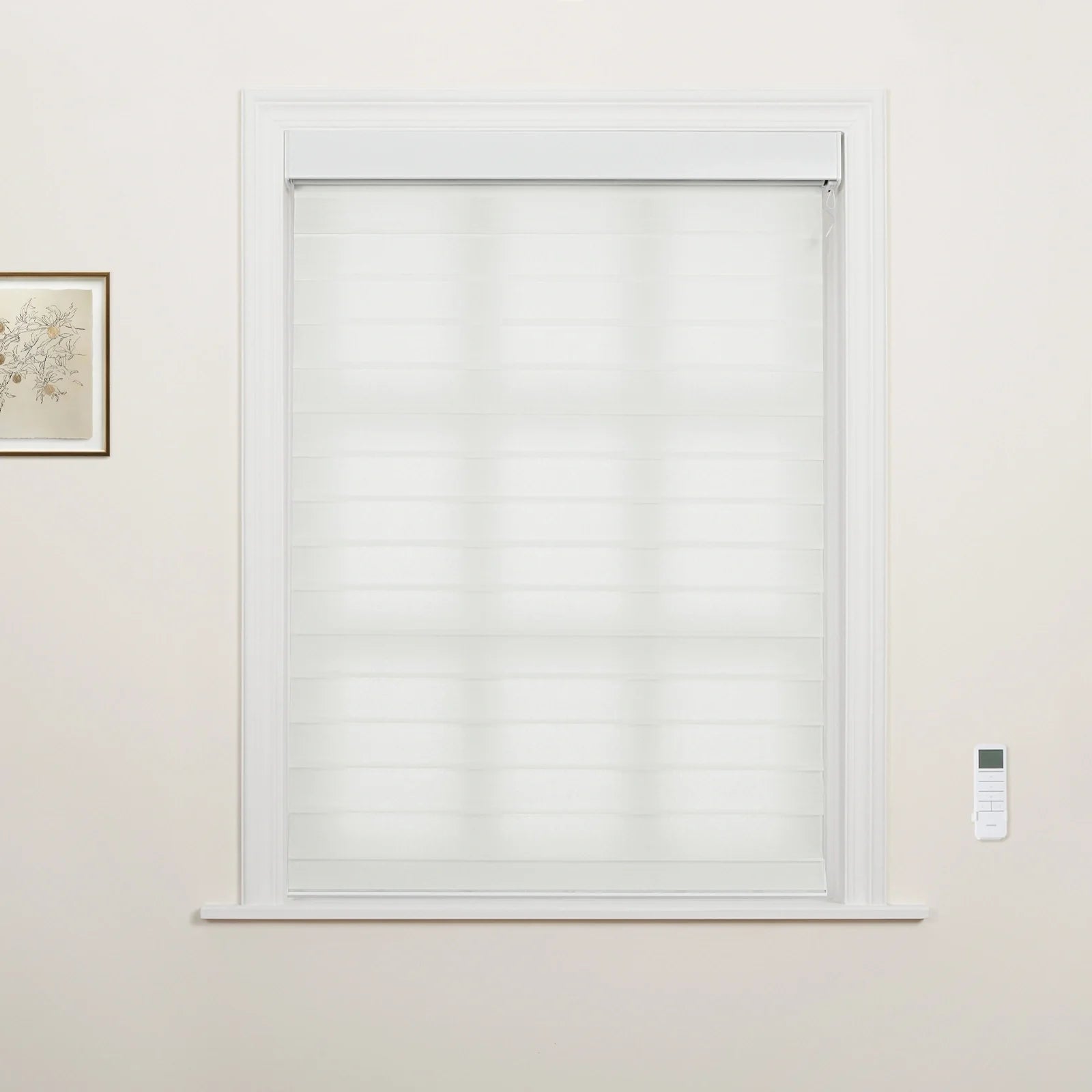 Interior shot of a window featuring white sheer horizontal striped zebra Blinds, a wall-mounted remote control, and a framed botanical illustration on the adjacent wall