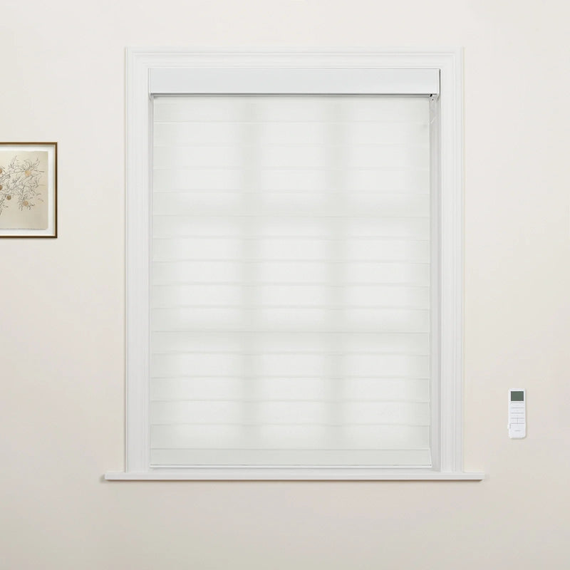 Interior shot of a window featuring white sheer horizontal striped zebra Blinds, a wall-mounted remote control, and a framed botanical illustration on the adjacent wall