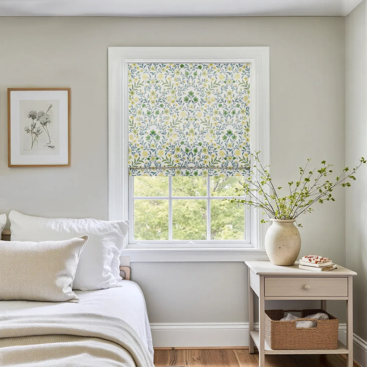 Holly Botanical Boho No-Drill Flat Fold Roman Blind Cordless
