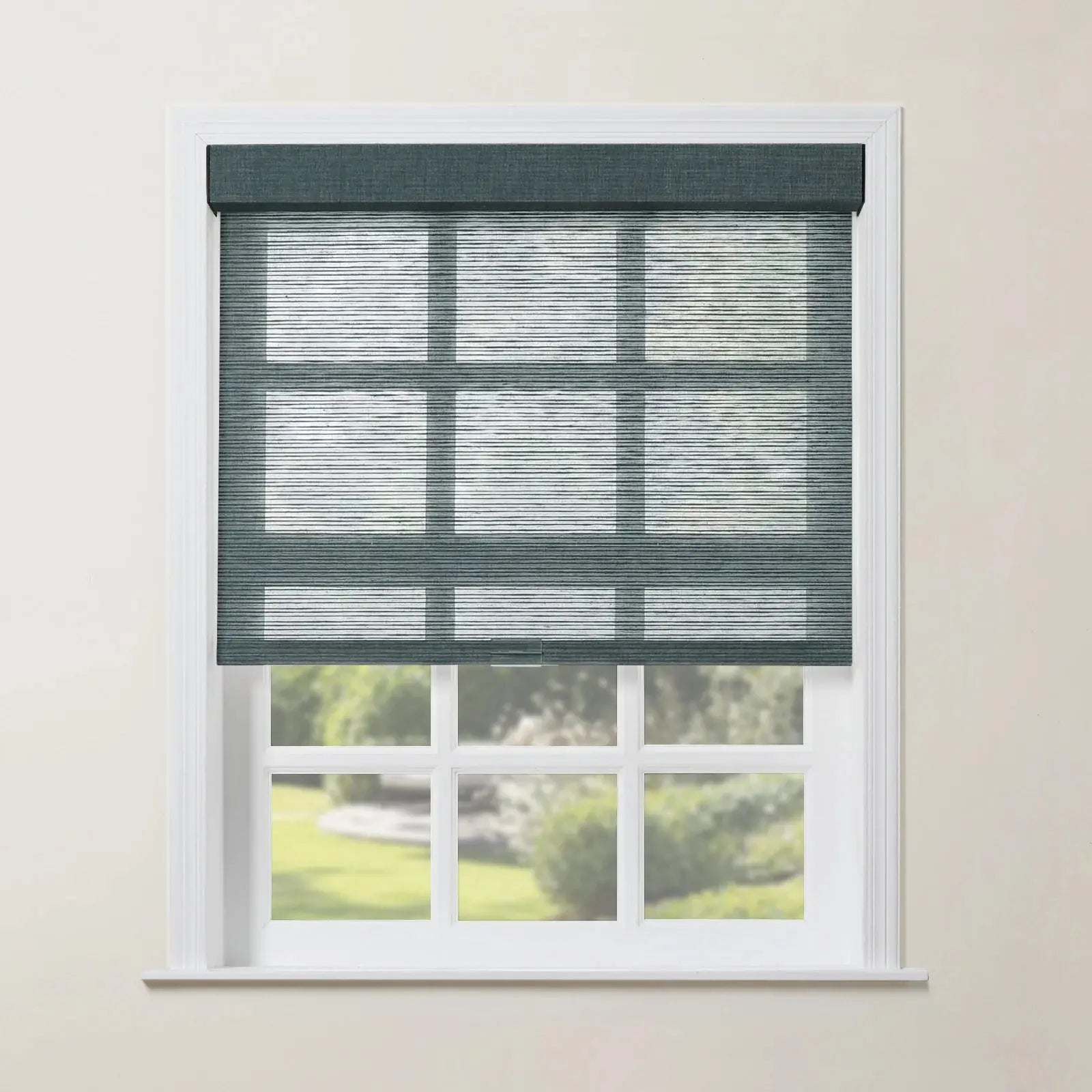 Rae Natural Jute Woven Wood Roller Blinds Cordless-?Striped Dark Green H025-TWOPAGES