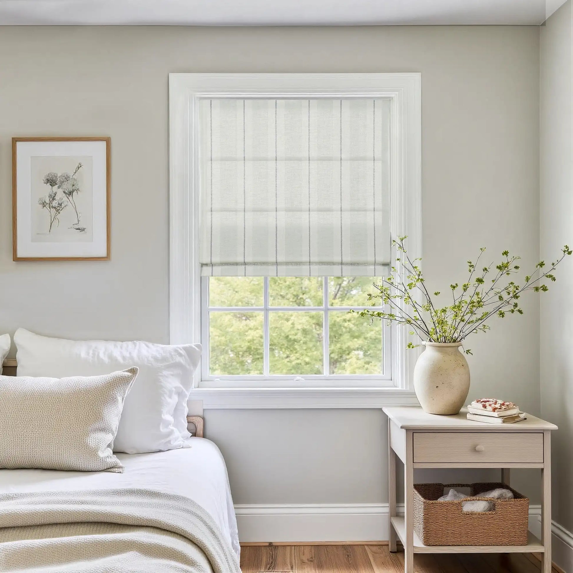 A photograph of a serene bedroom interior showcasing a white bed with a textured cream pillow, a framed botanical art print, a window with a striped Roman shade looking out to green trees, and a light wood nightstand holding a cream vase with fresh branches