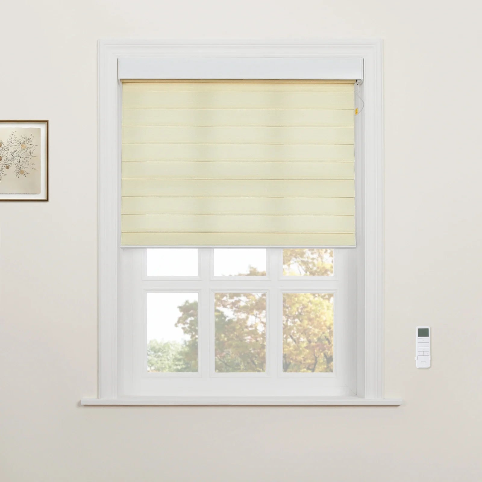 An interior view of a window featuring a cream horizontally striped roller Blind, a white multi-pane frame revealing autumnal trees, and a remote control on the adjacent wall