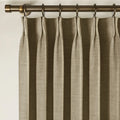 Taupe Grey Liz Linen Pleated Curtains triple pinch pleat heading on a bronze curtain rod
