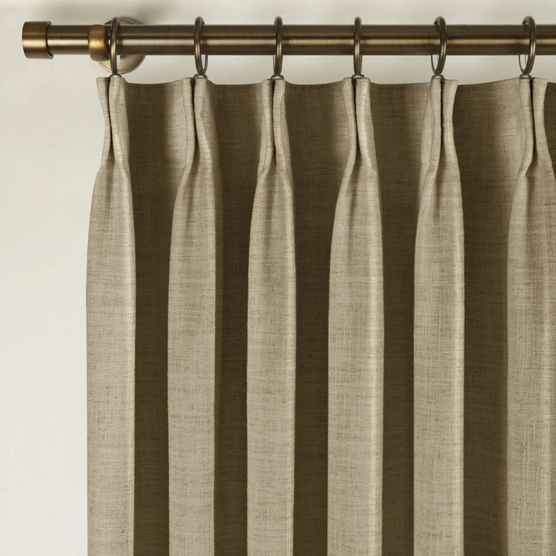 Taupe Grey Liz Linen Pleated Curtains triple pinch pleat heading on a bronze curtain rod