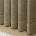 Taupe Grey Liz Linen Pleated Curtains rounded curtain hems above a pale wood floor