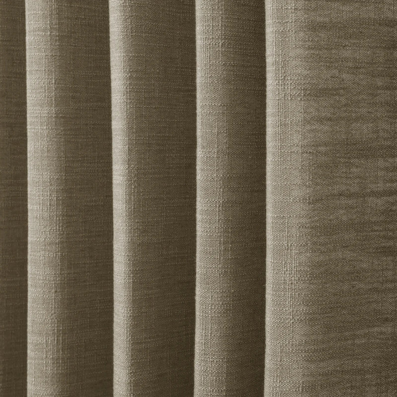 Taupe Grey Liz Linen Pleated Curtains dense linen weave shown in deep vertical folds