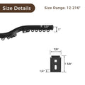 Digital ppoleuct graphic of a black curved curtain track with hangers and a mounting bracket, featuring detailed dimensions including a 1/2 inch track width and 1 3/8 inch bracket height, accompanied by 'Size Details' and 'Size Range: 12-216' text