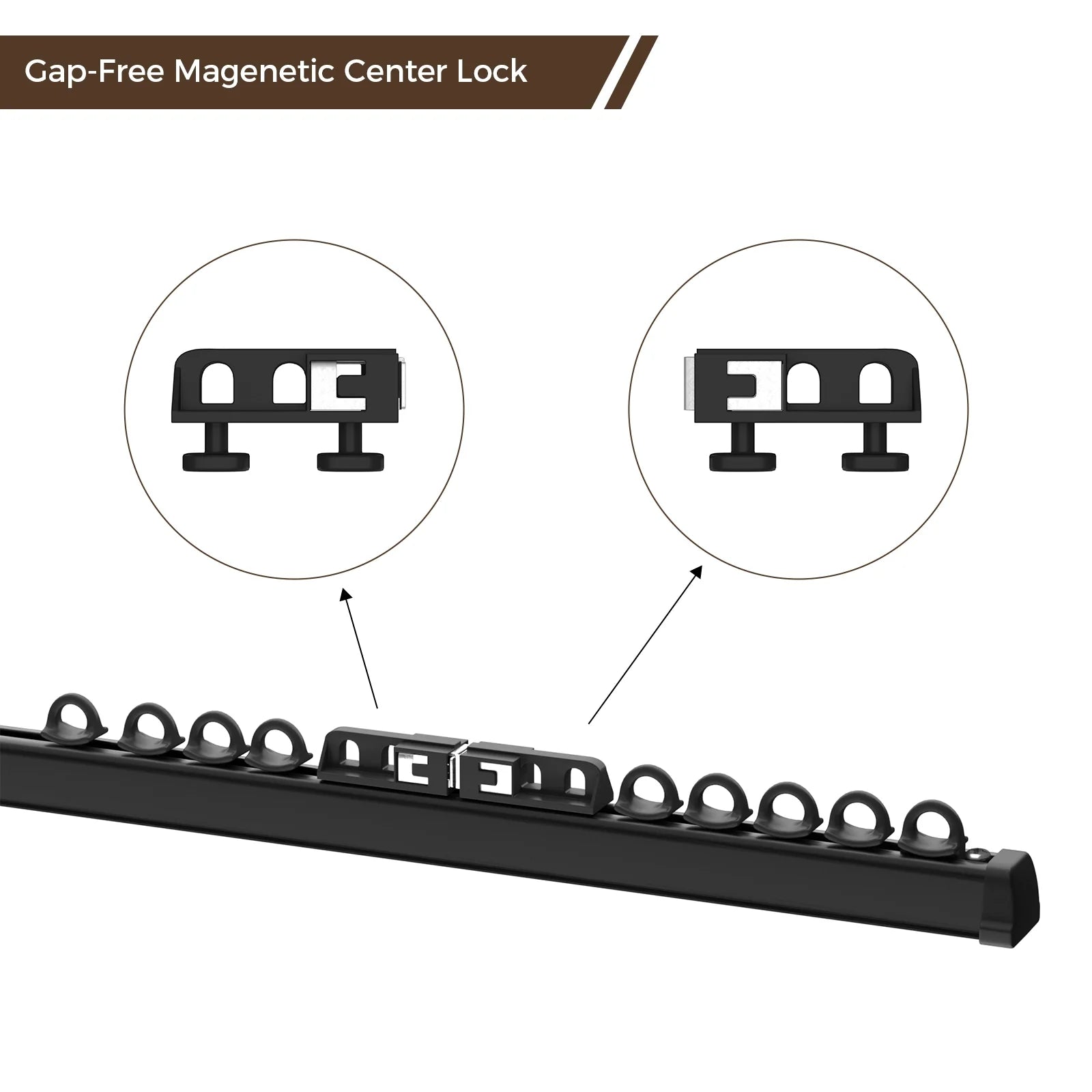 A ppoleuct illustration showing a black Gap-Free Magnetic Center Lock mechanism on a black bar with multiple loop-shaped hooks, featuring two circular insets demonstrating the lock in both engaged and disengaged positions