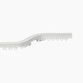 A white curved curtain track with D-shaped runners, discrete mounting clips, and a sleek end cap