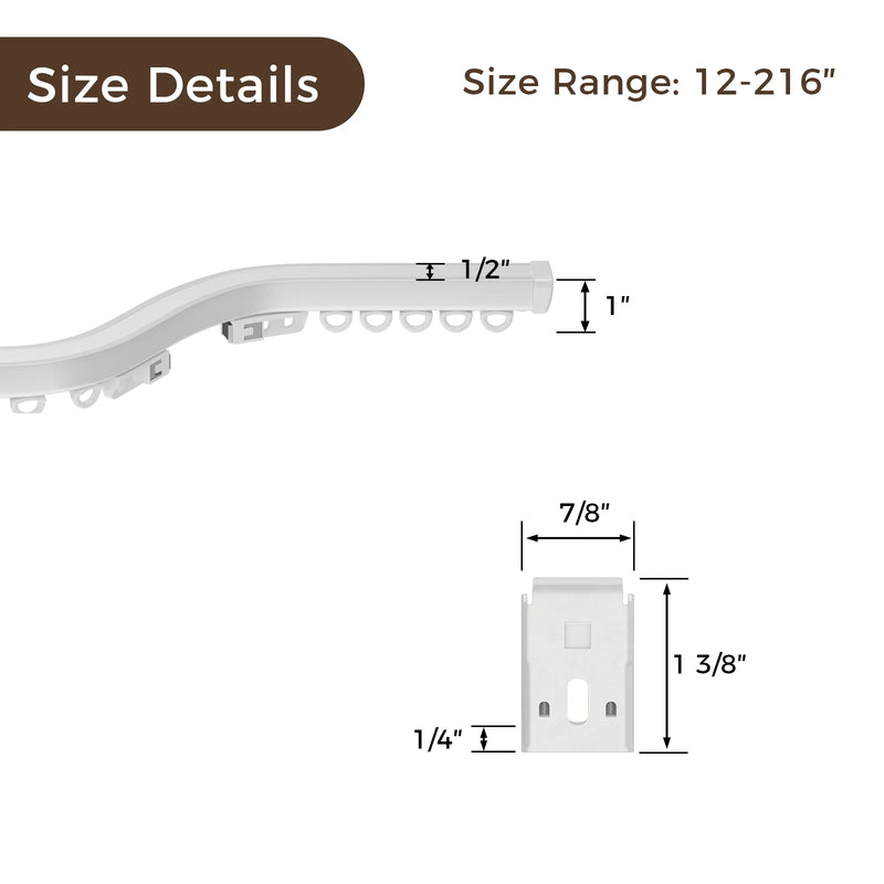 Product size details for a white flexible curtain track system showing a curved track with 1/2 inch width and 1 inch height and a mounting bracket with 7/8 inch width 1 3/8 inch height and 1/4 inch depth alongside text indicating size range 12-216 inches