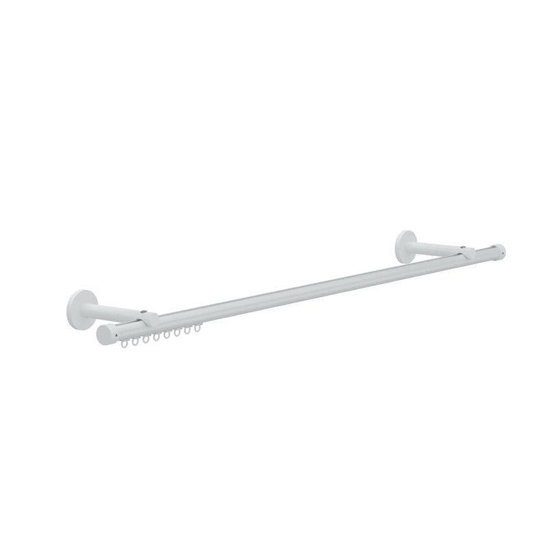 Minimalist white double-track curtain pole system featuring integrated gliders and sleek circular wall mounts