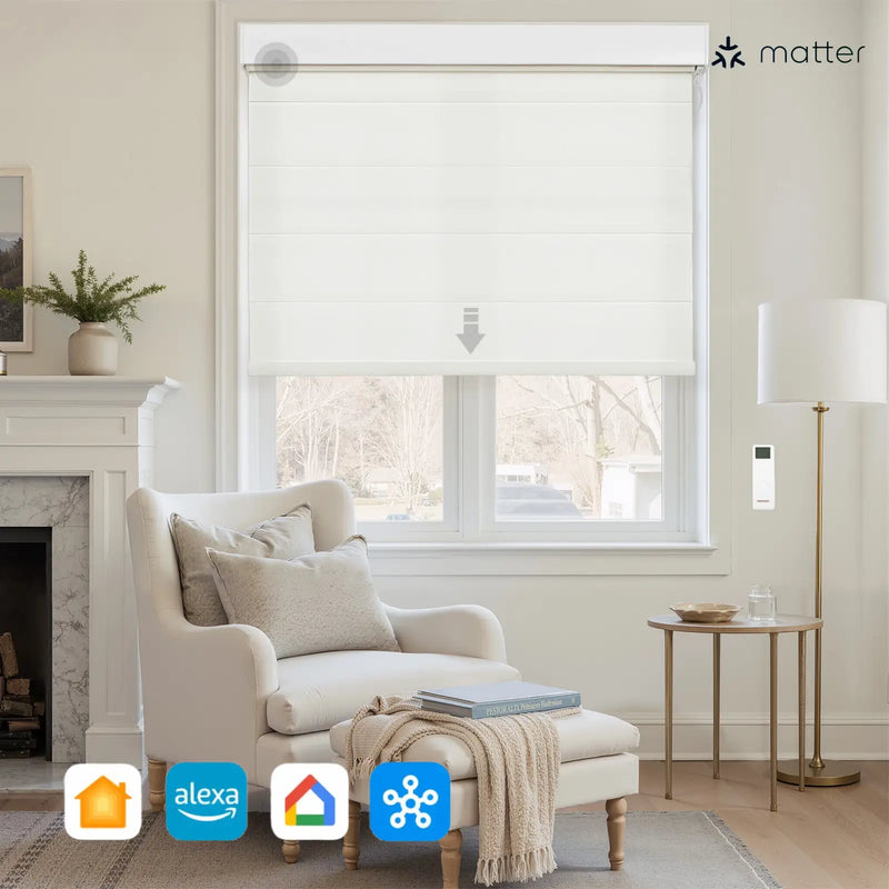 Elegant modern living room featuring a white cordless Roman Blind with remote control, a cream upholstered wingback armchair and ottoman with a cozy knitted throw, and a marble fireplace with a brass floor lamp