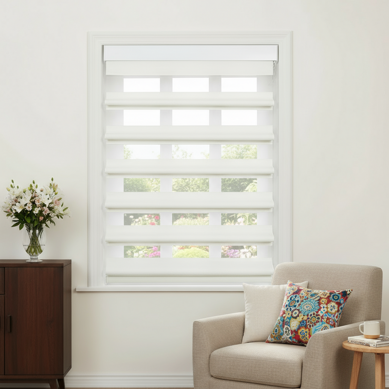 A bright living room features white zebra Blinds on a window overlooking a garden, a dark wood cabinet with a vase of white and pink flowers, and a beige armchair with a vibrant floral cushion