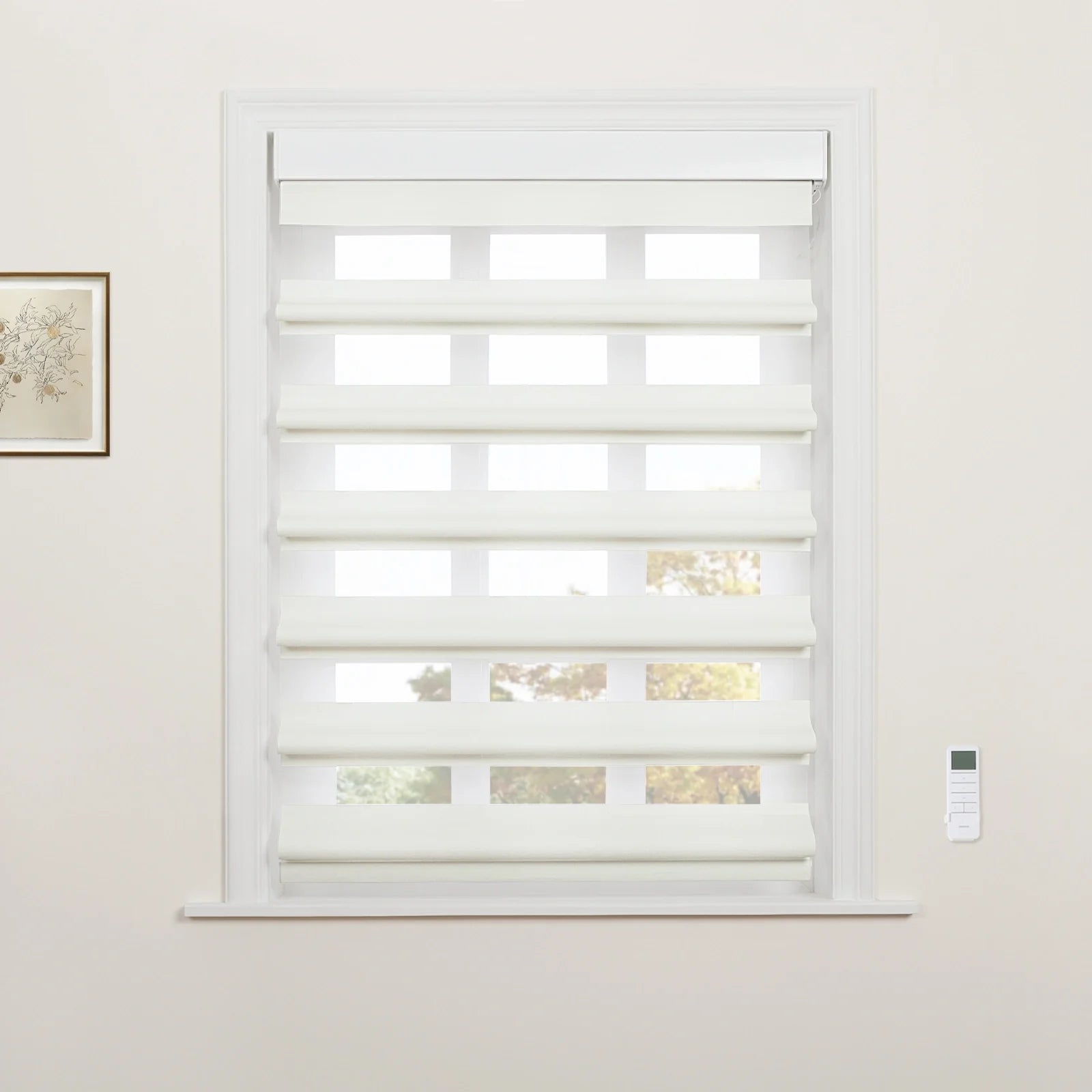 White zebra Blinds covering a window in a modern room with a remote control on the wall and a framed botanical print nearby