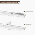 Digital illustration demonstrating flexible white curtain track installation methods including a ceiling mount with a silver pivoting bracket and a wall mount with an L-shaped white bracket
