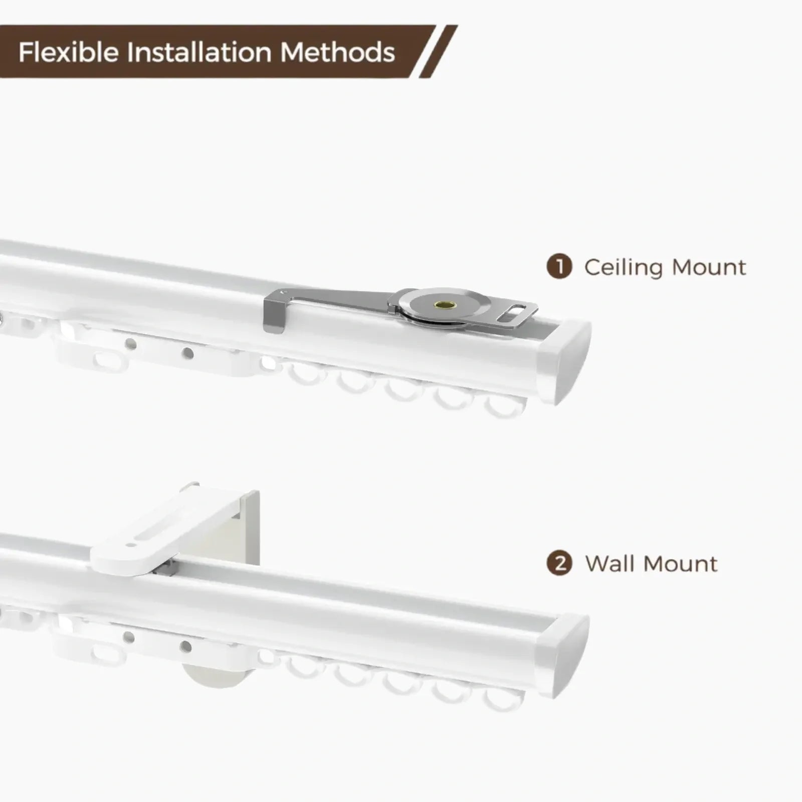 Digital illustration demonstrating flexible white curtain track installation methods including a ceiling mount with a silver pivoting bracket and a wall mount with an L-shaped white bracket