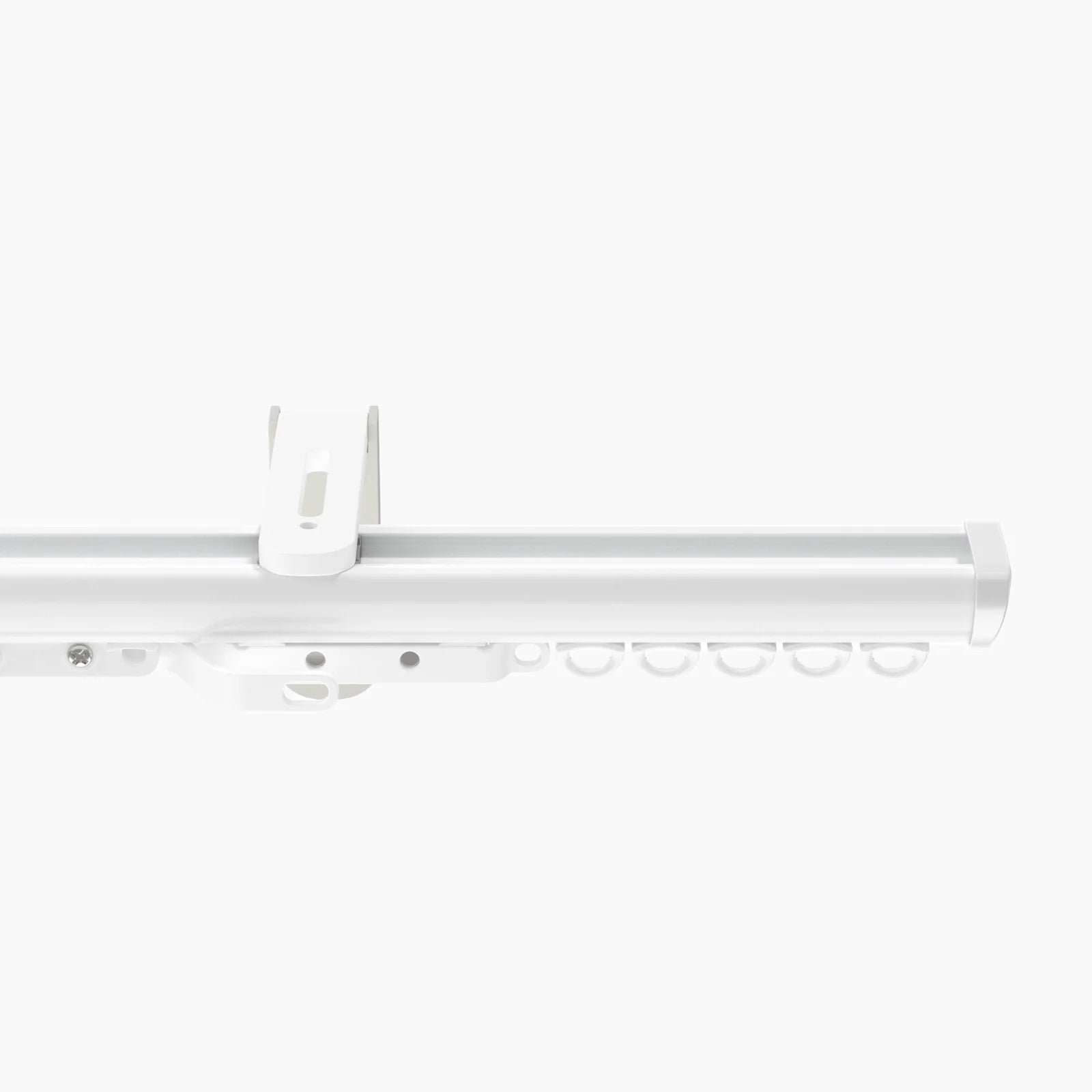 Product photo of a white single curtain track system on a plain white background showcasing a modern design, a visible mounting bracket, and multiple evenly spaced curtain runners