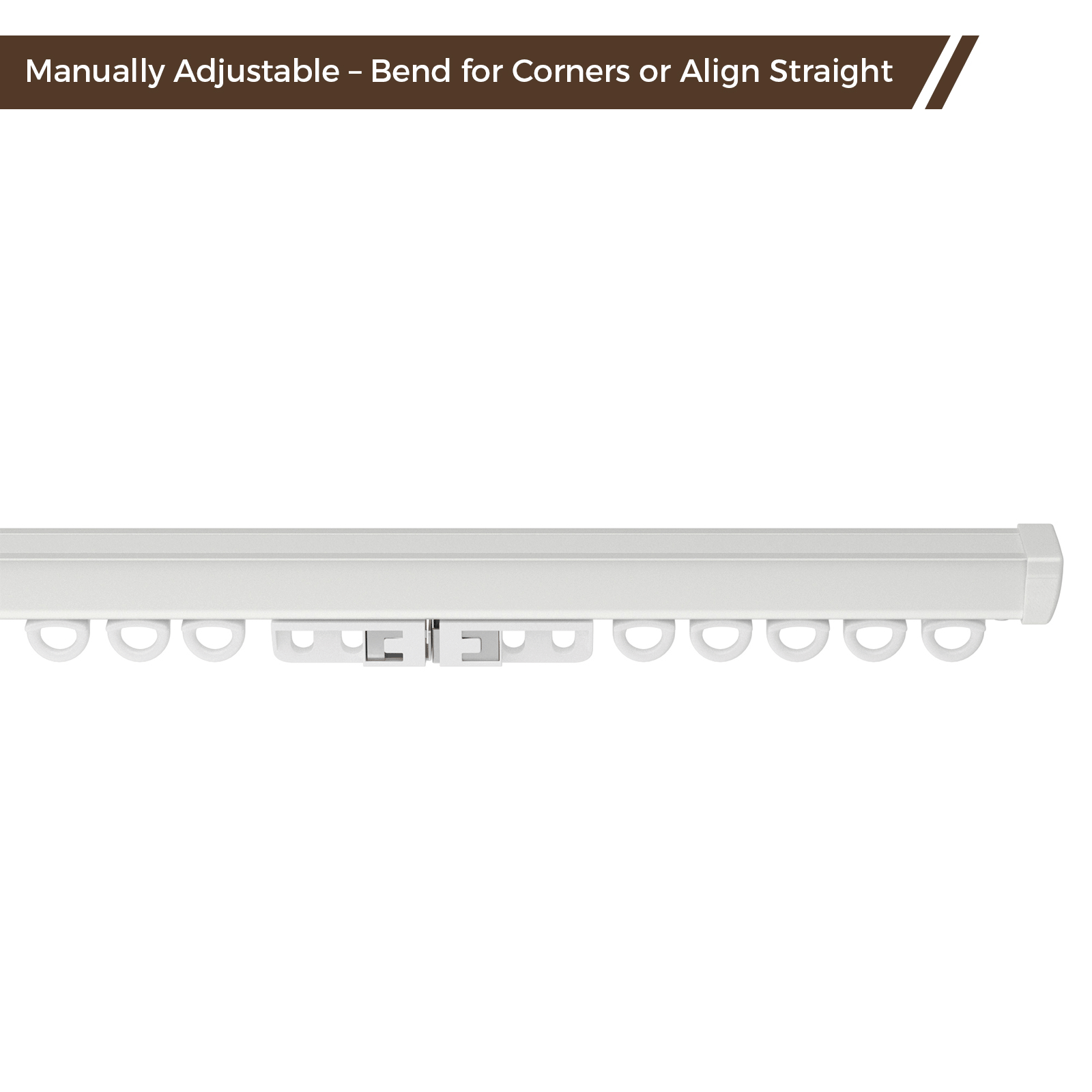 White manually adjustable curtain track with sliding curtain rings designed to bend for corners or align straight