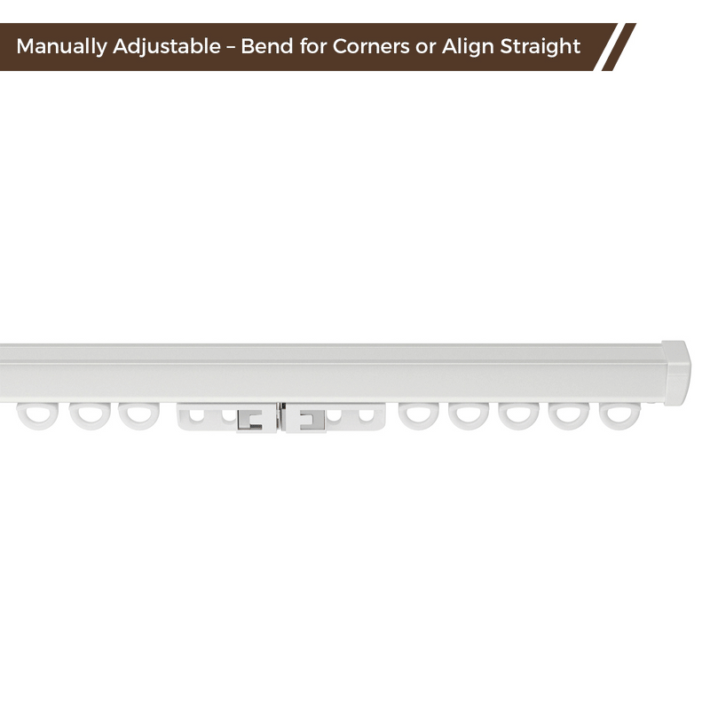 White manually adjustable curtain track with sliding curtain rings designed to bend for corners or align straight