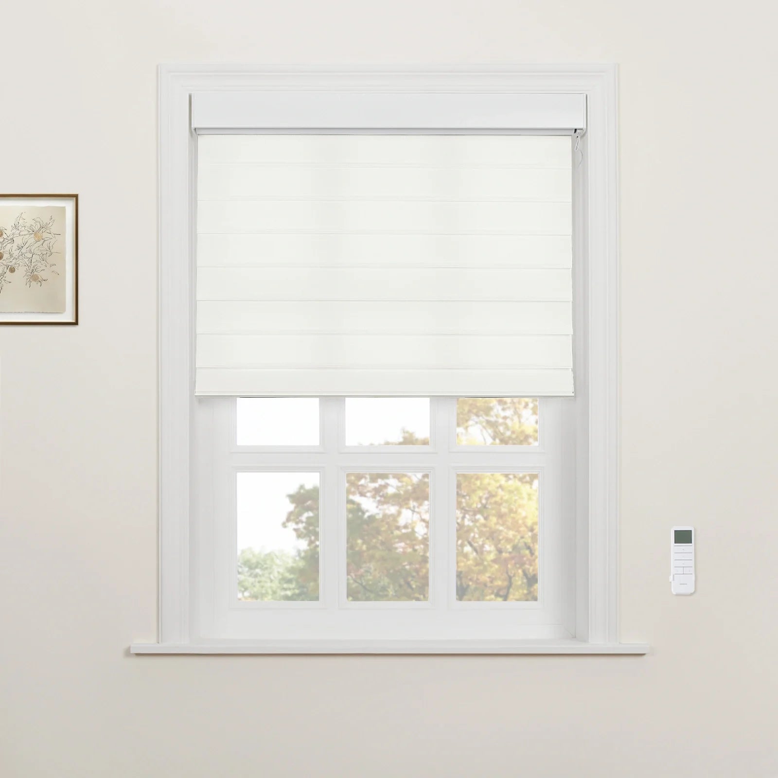 A room featuring a white framed window with partially lowered white Roman Blinds, showing autumn trees outside, complemented by a wall-mounted white remote control and a framed botanical art print