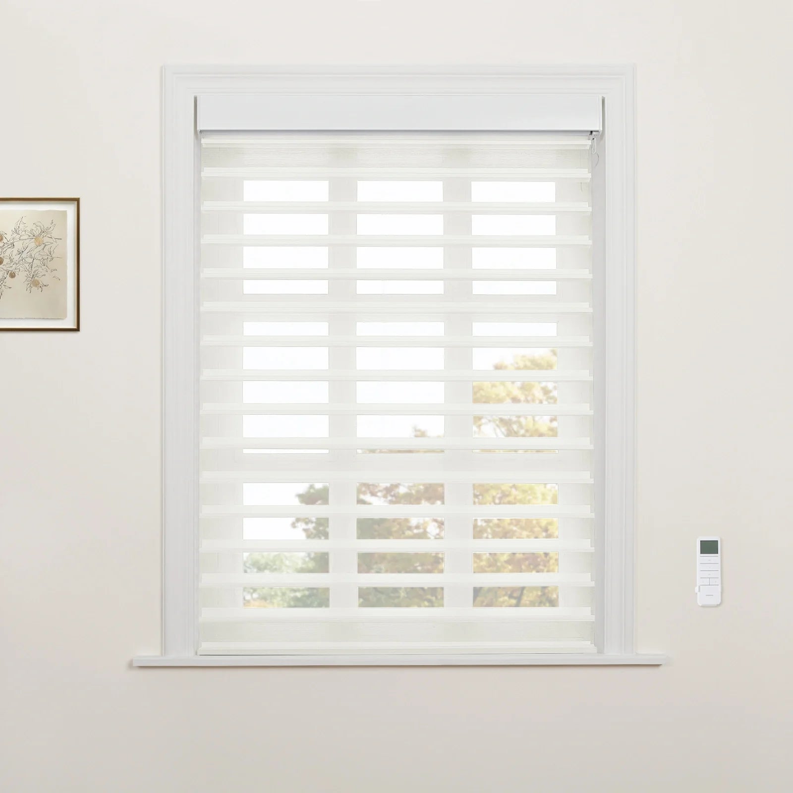 Photograph of a window with white motorized zebra Blinds featuring alternating sheer and opaque horizontal stripes, a wall-mounted remote control, and a framed botanical print, offering a view of vibrant autumnal trees outside
