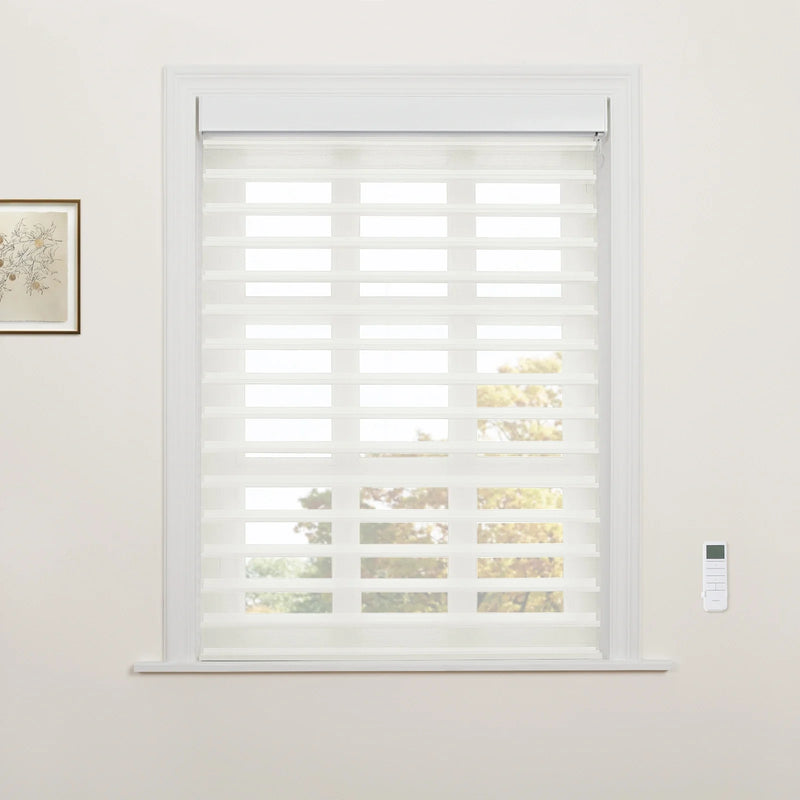 Photograph of a window with white motorized zebra Blinds featuring alternating sheer and opaque horizontal stripes, a wall-mounted remote control, and a framed botanical print, offering a view of vibrant autumnal trees outside