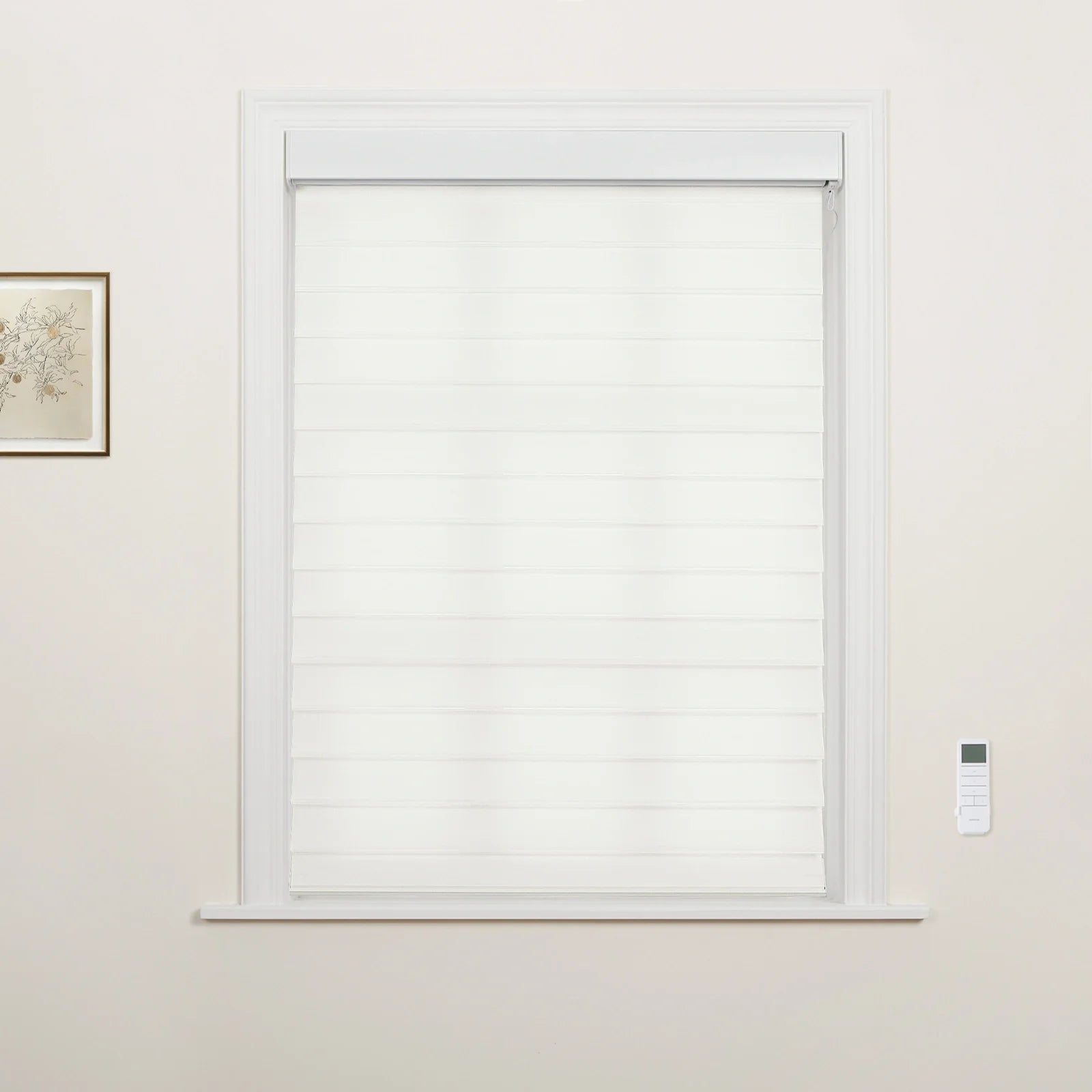 A minimalist room featuring a window with modern white layered zebra Blinds, an elegant white trimmed frame, a small framed botanical print, and a wall-mounted smart remote control