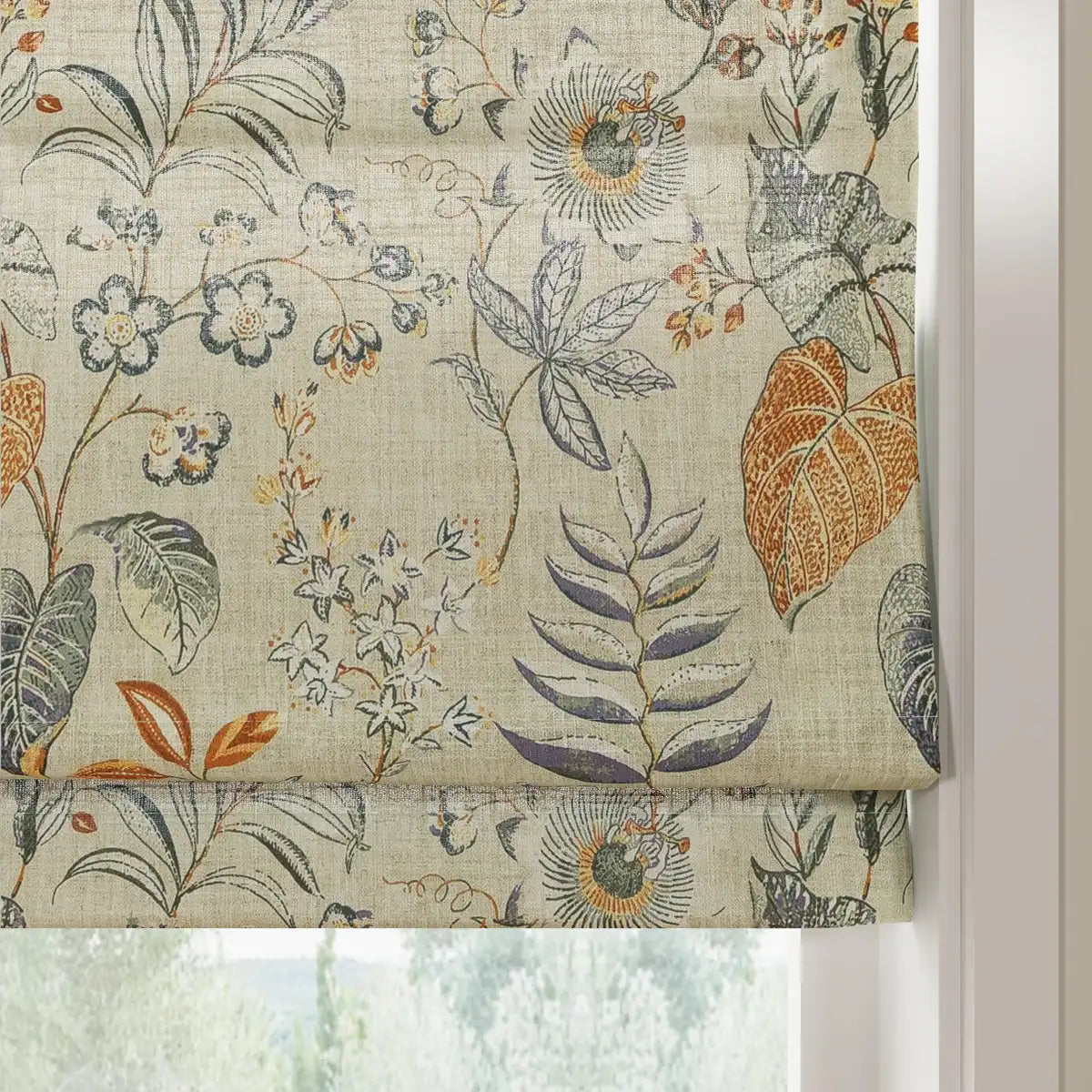 Holly Botanical Boho No-Drill Flat Fold Roman Blind Cordless